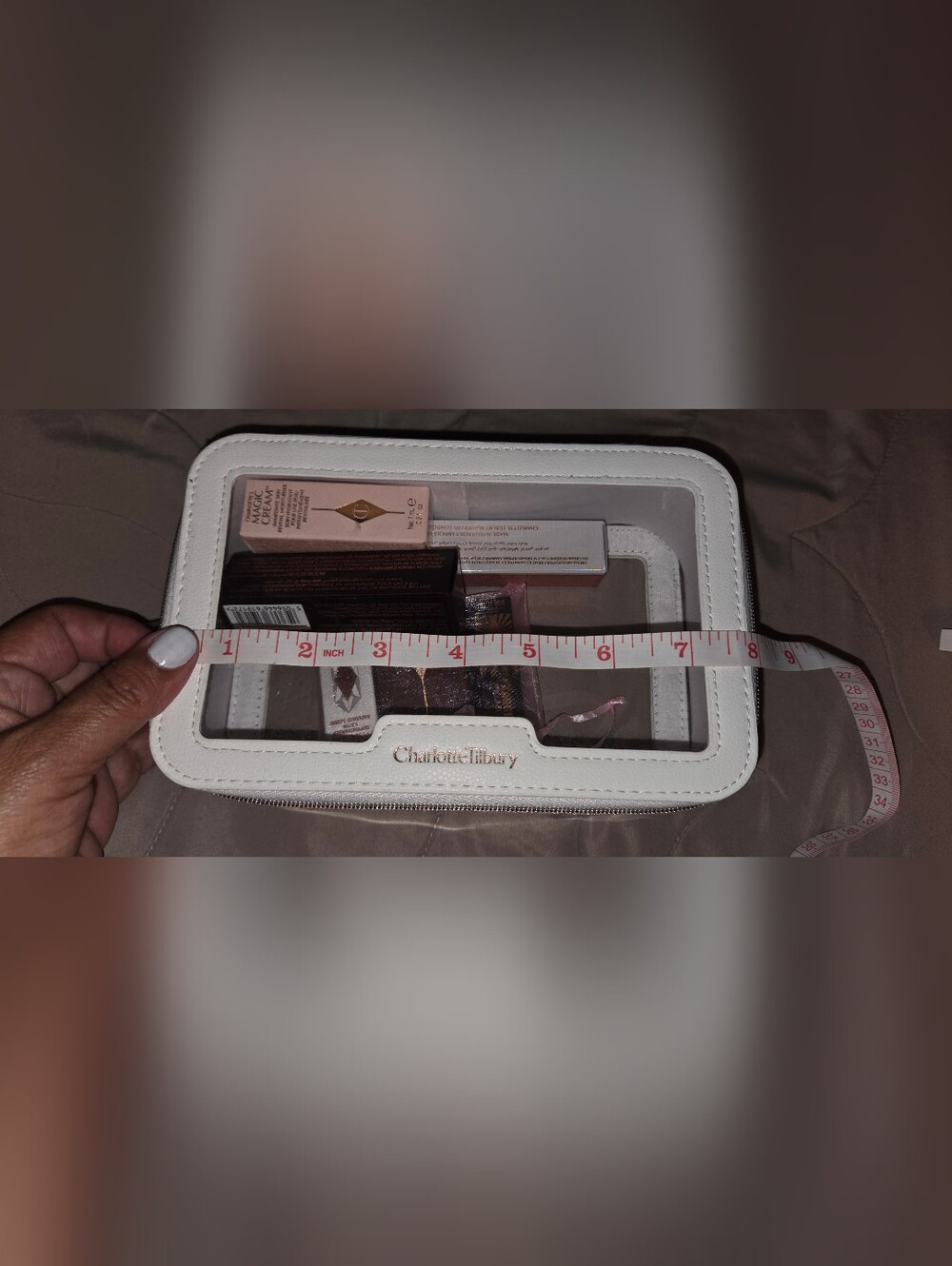 Charlotte Tilbury White Cosmetic Pouch with Gold Logo with SAMPLES TSA APPROVED